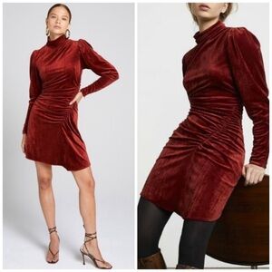 A.L.C. Marcel Ruched Velvet Long Sleeve Mini Dress Sumac Red Cocktail Party